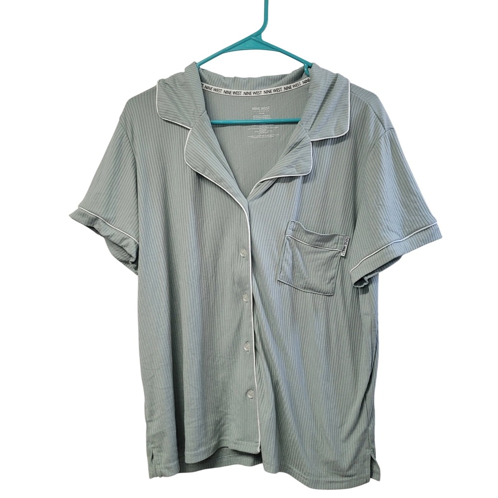 Nine West Sleepwear Ribbed Pajama Set Green Short Sleeve Button Up Pants XL